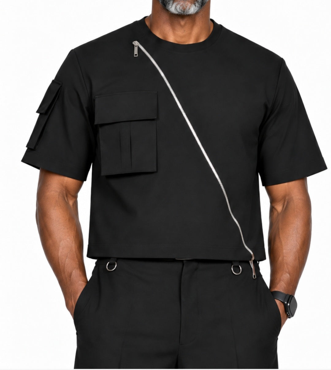 Black assymetric zip set